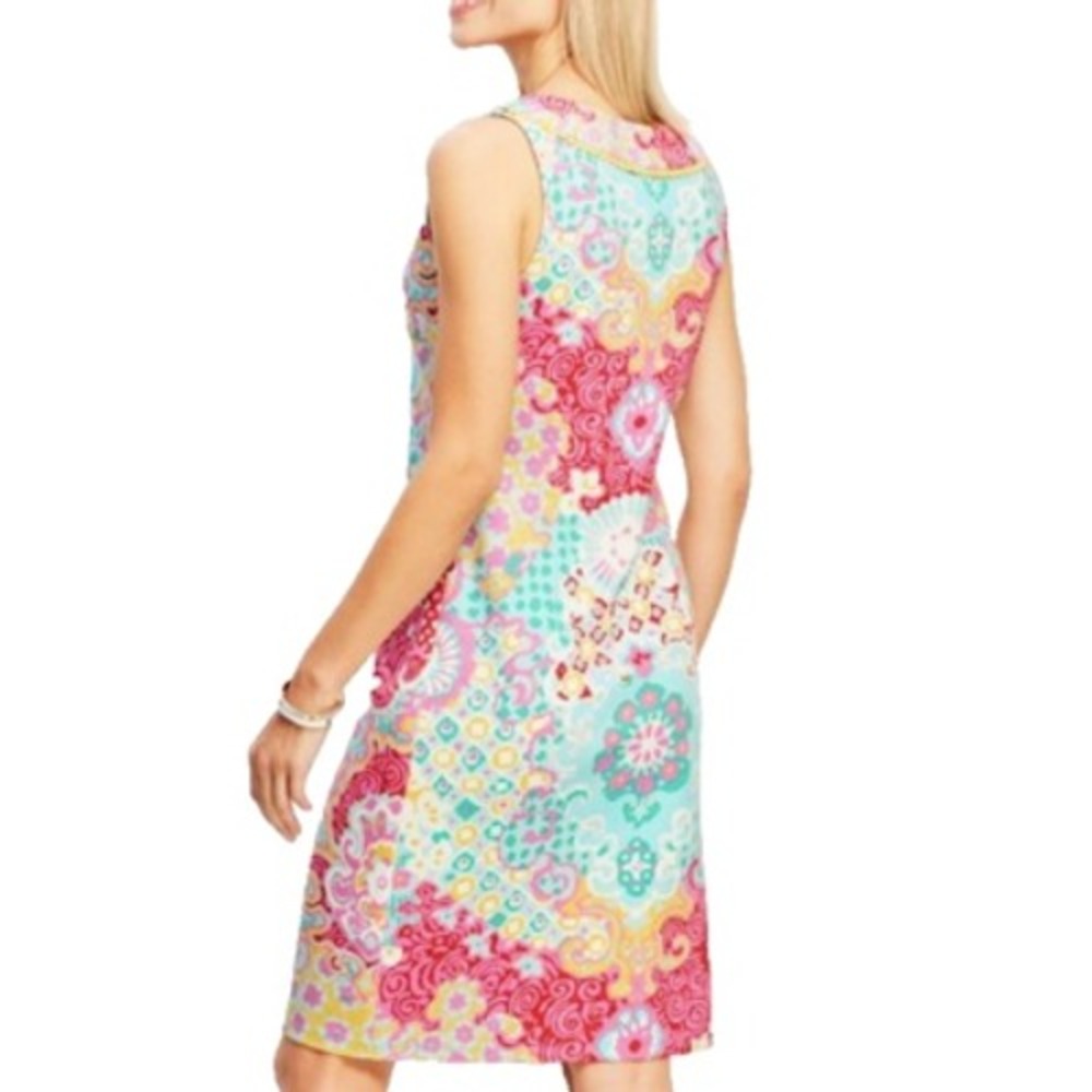 Talbots Womens Cotton Sleeveless Shift Dress Pink Blue Floral Paisley V-Neck L - Picture 2 of 10